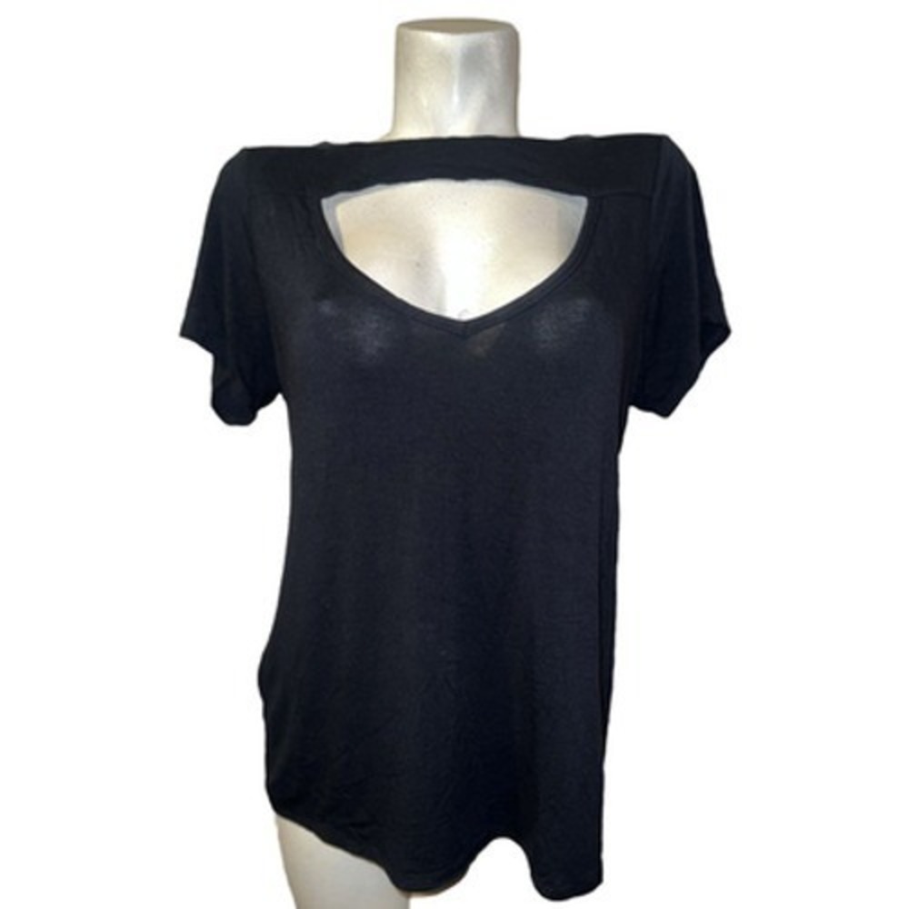 New Ashley Stewart Top Black Cutout V-Neck Short Sleeve T Shirt Plus Size 14/16